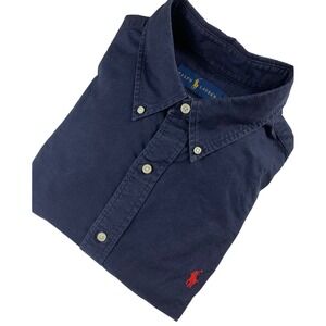 Ralph Lauren Mens XL Classic Fit Navy Blue Cotton Button Down Shirt Red Pony